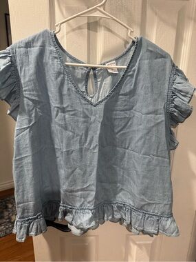 Willow Light Blue Ruffle-Hem V-Neck Blouse